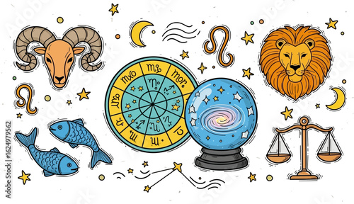 A collection of zodiac signs and symbols including aries leo pisces libra and a crystal ball