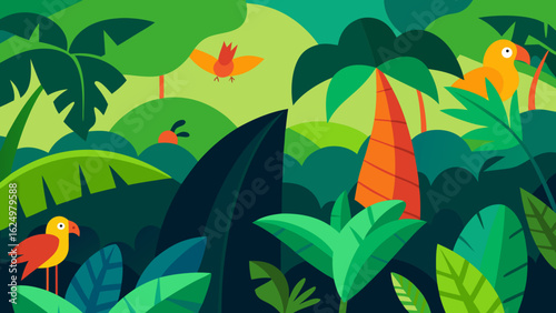Cartoon Jungle Scene with Large Leaves and Colorful Birds