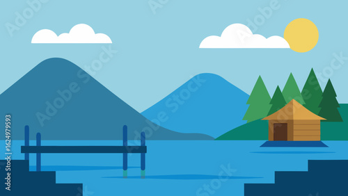 Simple Lake Scene with Fishing Dock and Calm Water Reflection