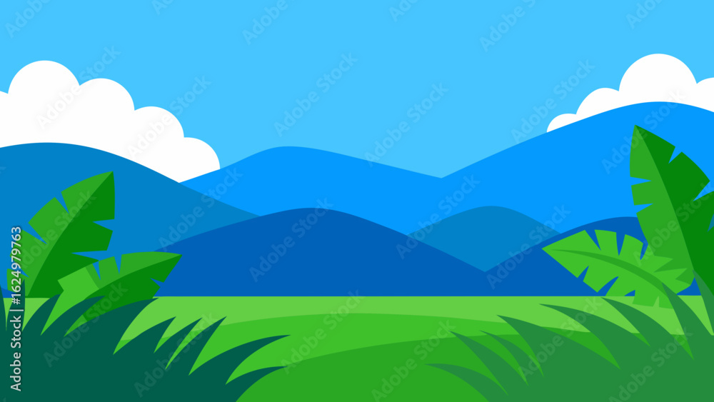 Obraz premium Grass Field with Tropical Leaves Blue Mountains and Clear Sky