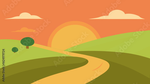 Peaceful Hill Landscape with Winding Dirt Path Under Blue Sky