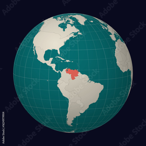 Venezuela on the map. Globe centered to Venezuela. Country location on the world map. Teal Pale Mint color palette. Globe with countries, meridians and parallels. Awesome vector illustration.
