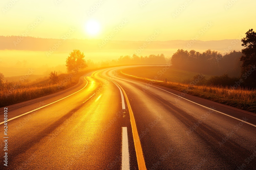 Fototapeta premium Golden Hour Road Trip: A Scenic Sunrise Drive
