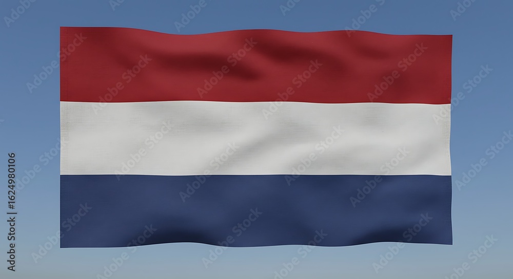 Naklejka premium The national flag of the Netherlands waving in the wind. A Dutch banner with red, white, and blue stripes against a clear sky.