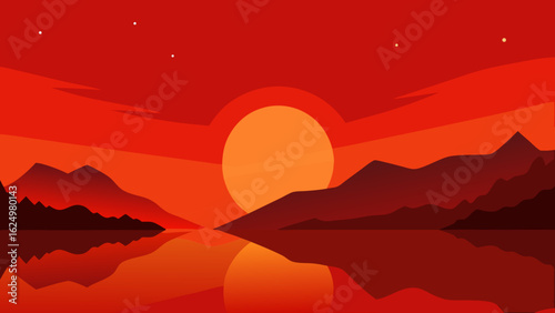 Calm Vector Sunset Over Still Lake Reflecting Golden Sky Colors