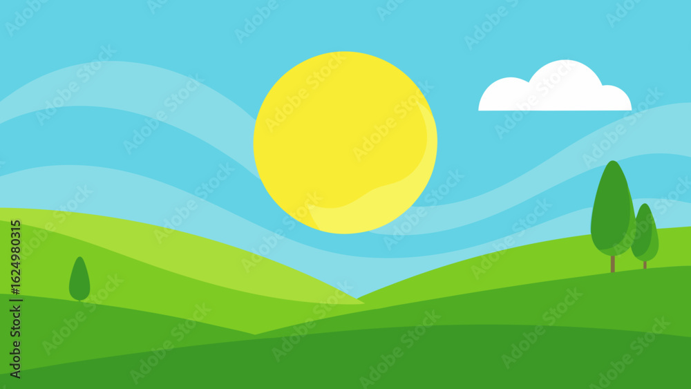 Fototapeta premium Bright Green Valley Scene with Soft Grass and Minimalist Trees