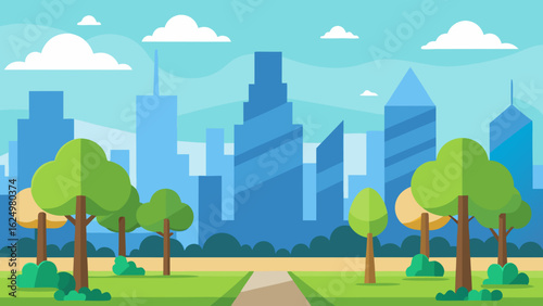 Dynamic Urban Park Illustration Featuring Modern Geometric Tree Designs