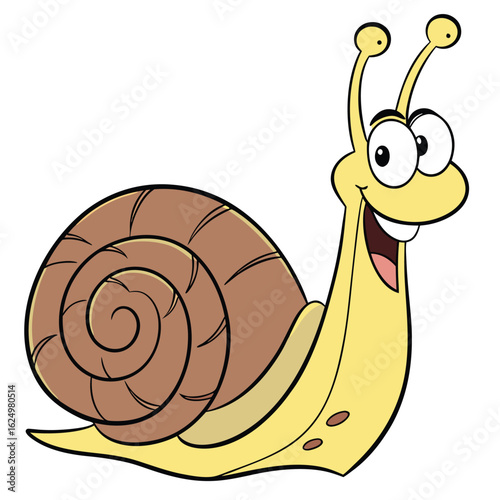 A cute and funny cartoon snail with a flower on its shell, a charming illustration of a smiling mollusk in nature