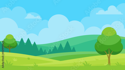 Open Meadow Scene in Vector Art Style with Distant Trees and Blue Sky