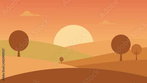 Serene Dawn Landscape Illustration with Muted Hues Across Rolling Hills