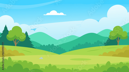 Open Meadow Scene in Vector Art Style with Distant Trees and Blue Sky