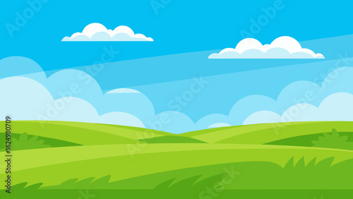 Wide Cartoon Field Featuring Lush Green Grass Under Clear Blue Sky