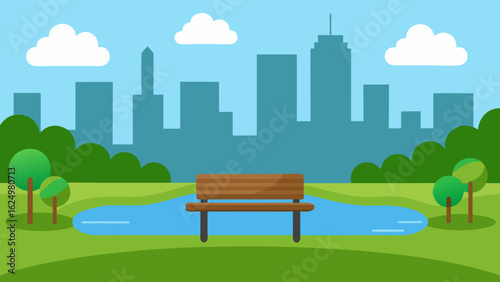 Cozy Two Dimensional Park Scene with Rolling Green Lawns and Blue Sky