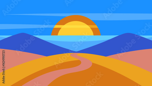 Peaceful Cartoon Sunrise Over Layered Blue Hills Landscape Art