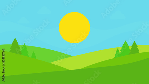 Bright Green Valley Scene with Soft Grass and Minimalist Trees
