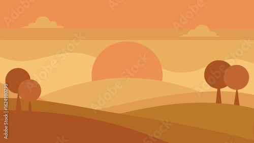 Serene Dawn Landscape Illustration with Muted Hues Across Rolling Hills