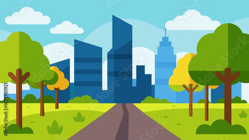Dynamic City Park Scene with Geometric Trees and Modern Architecture