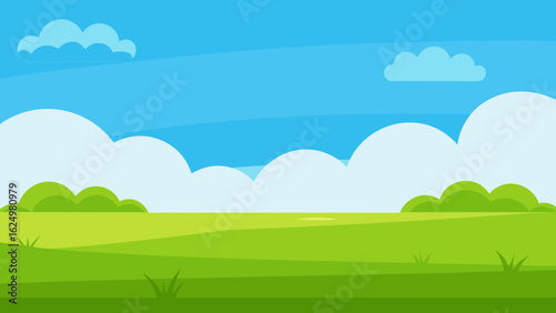 Wide Cartoon Field with Lush Green Grass and Clear Blue Sky Background