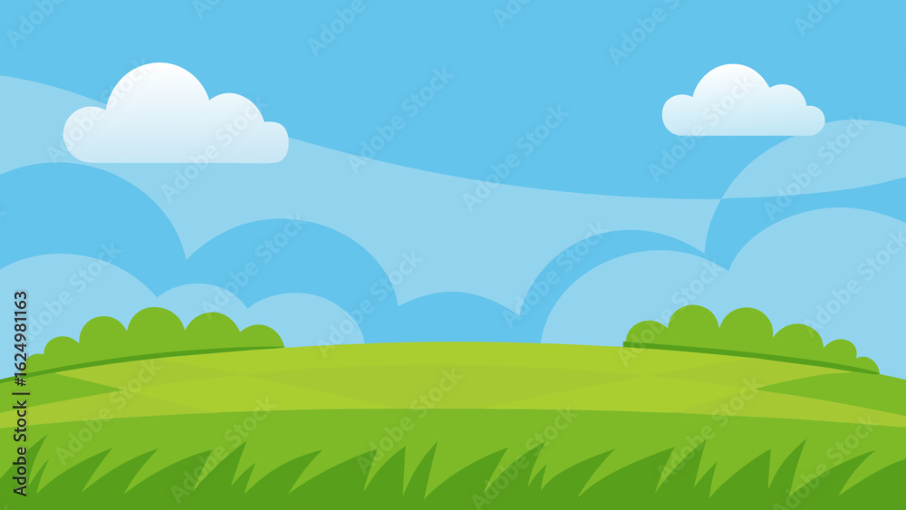 Obraz premium Wide Cartoon Field with Lush Green Grass and Clear Blue Sky Background