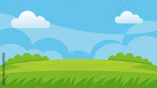 Wide Cartoon Field with Lush Green Grass and Clear Blue Sky Background