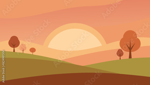 Calm Dawn Illustration of a Hilly Field in Muted Tones with Fog