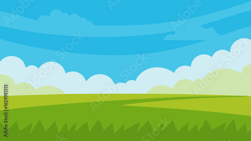 Open Meadow Scene in Vector Art Style with Distant Trees and Sky