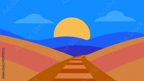 Peaceful Cartoon Sunrise Over Layered Blue Hills with Soft Morning Glow