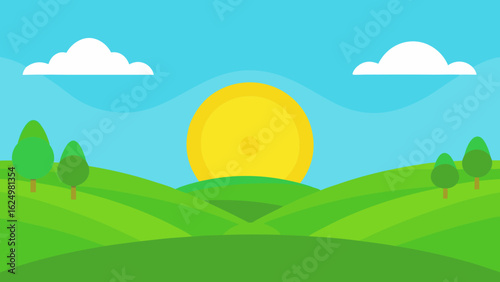 Bright Green Valley with Soft Grass and Minimal Trees Vector Art