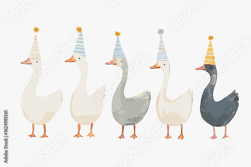Geese wearing party hats standing in a row on white background  