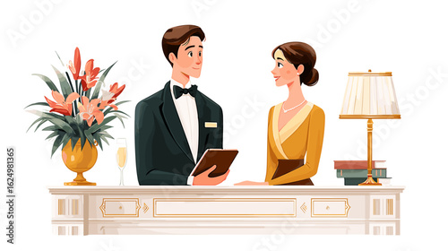Male receptionist assisting female guest at hotel front desk  