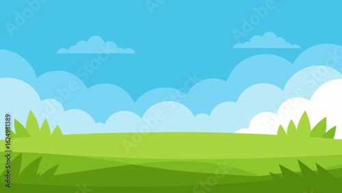 Wide Cartoon Field with Lush Green Grass and Clear Blue Sky Background