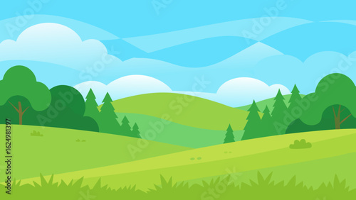 Open Meadow Scene in Vector Art Style with Distant Trees and Sky
