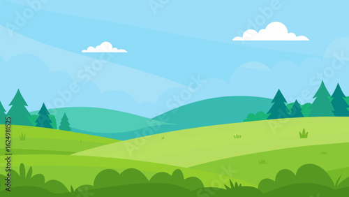 Open Meadow Scene in Vector Art Style with Distant Trees and Sky