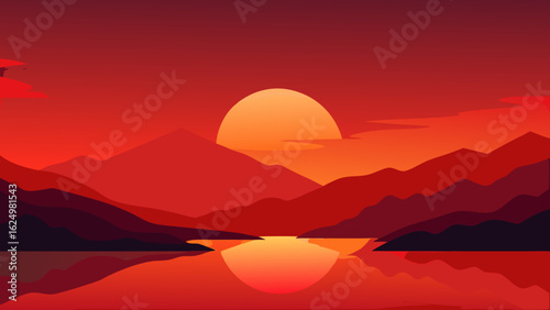 Calm Vector Sunset Over a Still Lake Reflecting Golden Evening Light
