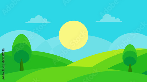 Bright Green Valley with Soft Grass and Minimal Trees Vector Art