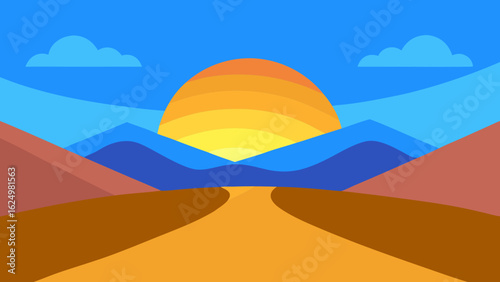 Peaceful Cartoon Sunrise Over Layered Blue Hills with Soft Morning Glow