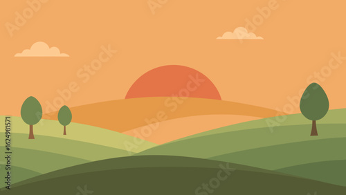 Calm Dawn Illustration of a Hilly Field in Muted Tones with Fog