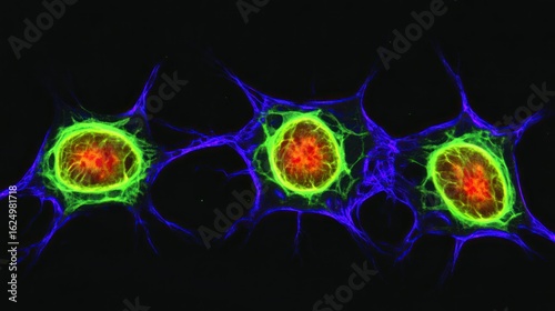 Microscopic View of Three Interconnected Cells with Vibrant Cytoskeleton