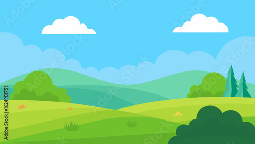 Open Meadow Scene in Vector Art Style with Distant Trees and Sky