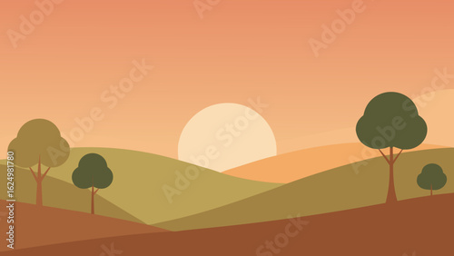 Calm Dawn Illustration of a Hilly Field in Muted Tones with Fog