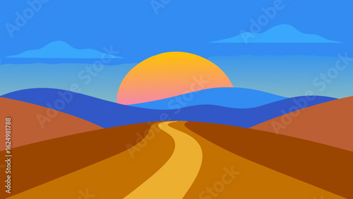 Peaceful Cartoon Sunrise Over Layered Blue Hills with Soft Morning Glow
