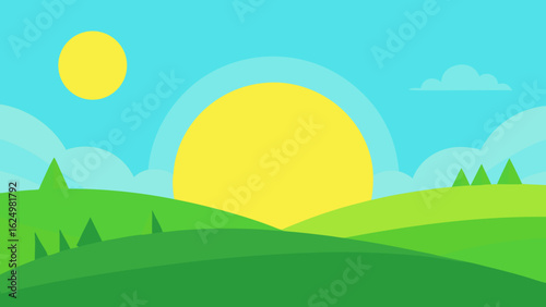Bright Green Valley with Soft Grass and Minimal Trees Vector Art