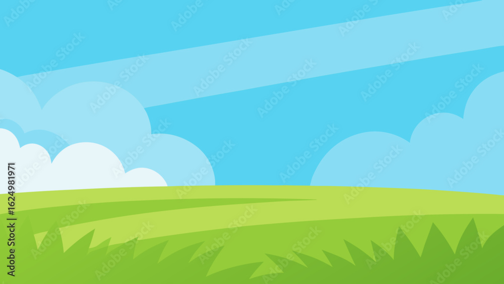 Fototapeta premium Wide Cartoon Field with Lush Green Grass and Clear Blue Sky Background
