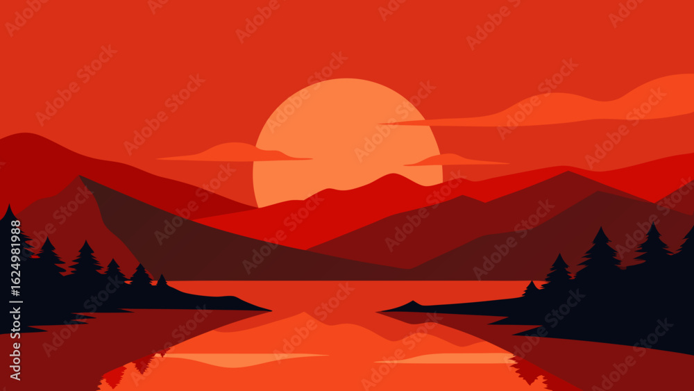 Fototapeta premium Calm Vector Sunset Over a Still Lake Reflecting Golden Evening Light