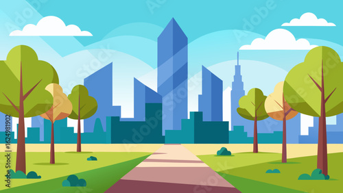 Dynamic City Park Scene with Geometric Trees and Modern Architecture