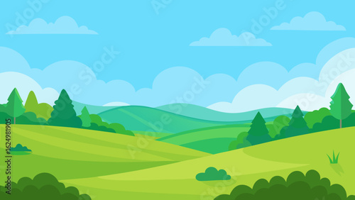 Open Meadow Scene in Vector Art Style with Distant Trees and Sky