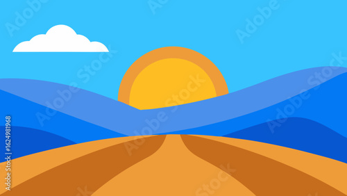 Peaceful Cartoon Sunrise Over Layered Blue Hills with Soft Morning Glow