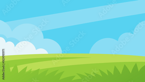 Wide Cartoon Field with Lush Green Grass and Clear Blue Sky Background