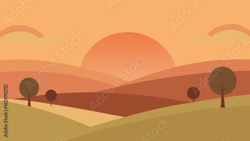 Calm Dawn Illustration of a Hilly Field in Muted Tones with Fog