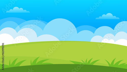 Wide Cartoon Field with Lush Green Grass and Clear Blue Sky Background